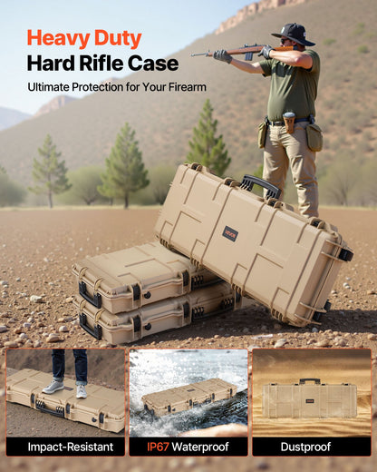 Hard Rifle Case, Lockable Rifle Case with Pre-cut Foams, 1066 mm Movable Gun Storage with Wheels, IP67 Waterproof & Dustproof Pistol Storage for Rifle, Shotgun, Airsoft Gun, Khaki
