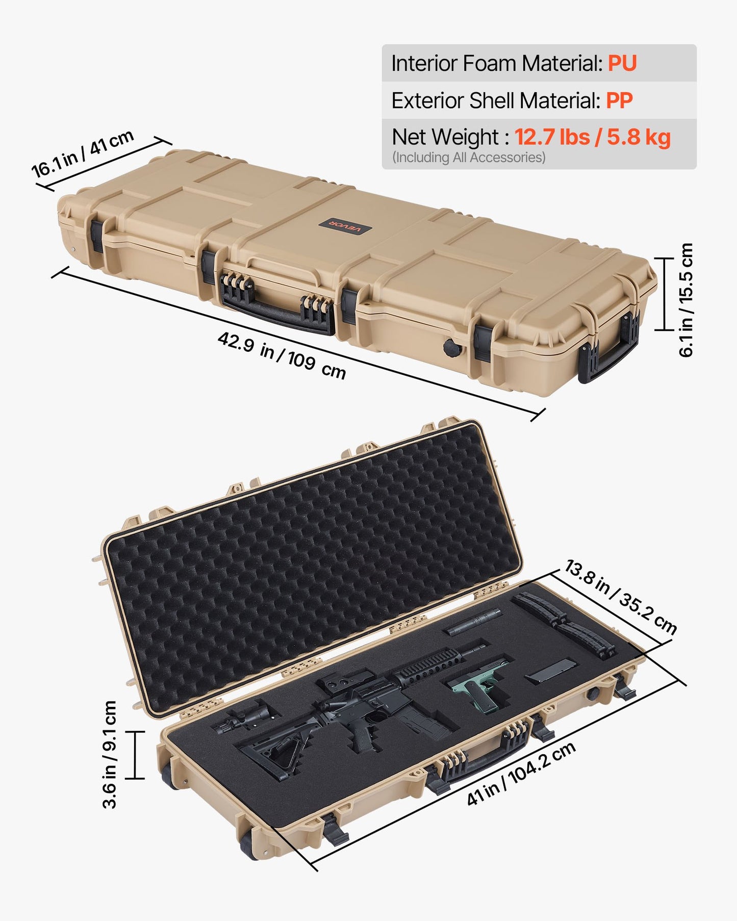 Hard Rifle Case, Lockable Rifle Case with Pre-cut Foams, 1066 mm Movable Gun Storage with Wheels, IP67 Waterproof & Dustproof Pistol Storage for Rifle, Shotgun, Airsoft Gun, Khaki