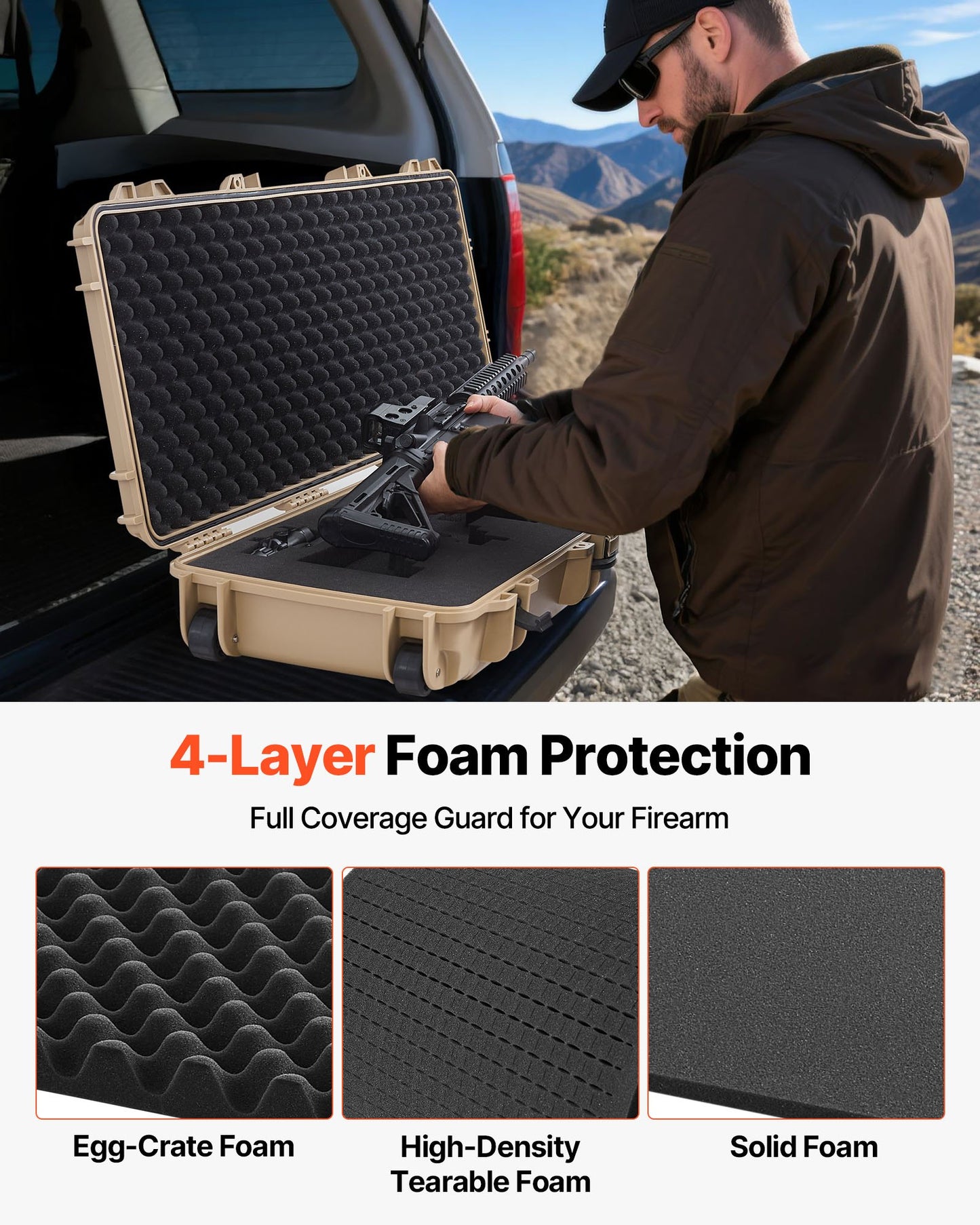 Hard Rifle Case, Lockable Rifle Case with Pre-cut Foams, 1066 mm Movable Gun Storage with Wheels, IP67 Waterproof & Dustproof Pistol Storage for Rifle, Shotgun, Airsoft Gun, Khaki