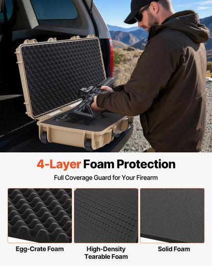 Hard Rifle Case, Lockable Rifle Case with Pre-cut Foams, 1066 mm Movable Gun Storage with Wheels, IP67 Waterproof & Dustproof Pistol Storage for Rifle, Shotgun, Airsoft Gun, Khaki