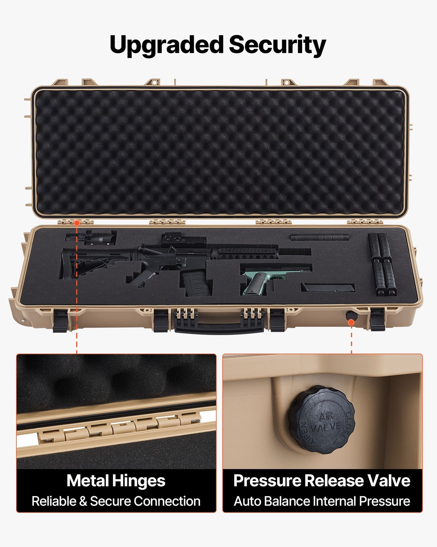 Hard Rifle Case, Lockable Rifle Case with Pre-cut Foams, 1066 mm Movable Gun Storage with Wheels, IP67 Waterproof & Dustproof Pistol Storage for Rifle, Shotgun, Airsoft Gun, Khaki