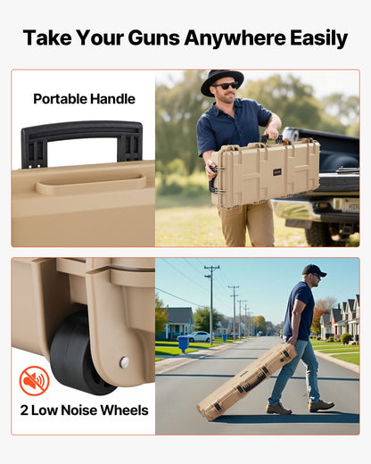 Hard Rifle Case, Lockable Rifle Case with Pre-cut Foams, 1066 mm Movable Gun Storage with Wheels, IP67 Waterproof & Dustproof Pistol Storage for Rifle, Shotgun, Airsoft Gun, Khaki