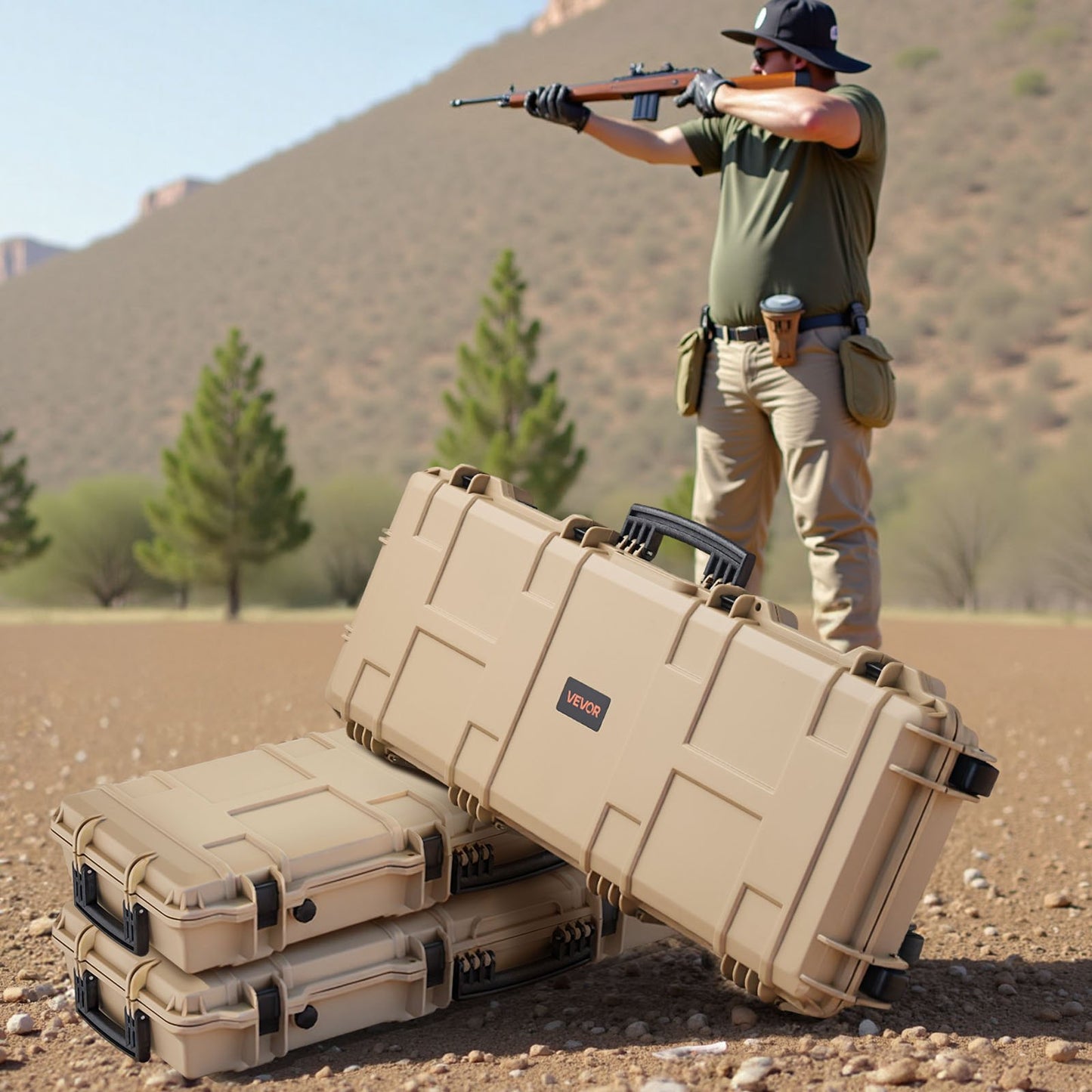 Hard Rifle Case, Lockable Rifle Case with Pre-cut Foams, 1066 mm Movable Gun Storage with Wheels, IP67 Waterproof & Dustproof Pistol Storage for Rifle, Shotgun, Airsoft Gun, Khaki