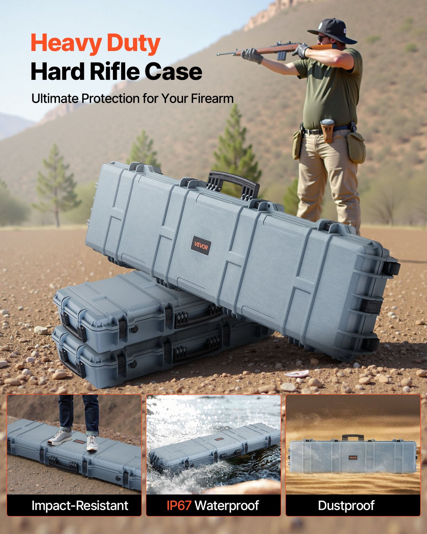 Hard Rifle Case, Lockable Rifle Case with Pre-cut Foams, 1270 mm Movable Gun Storage with Wheels, IP67 Waterproof & Dustproof Pistol Storage for Rifle, Shotgun, Airsoft Gun, Grey