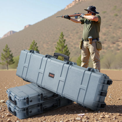 Hard Rifle Case, Lockable Rifle Case with Pre-cut Foams, 1270 mm Movable Gun Storage with Wheels, IP67 Waterproof & Dustproof Pistol Storage for Rifle, Shotgun, Airsoft Gun, Grey