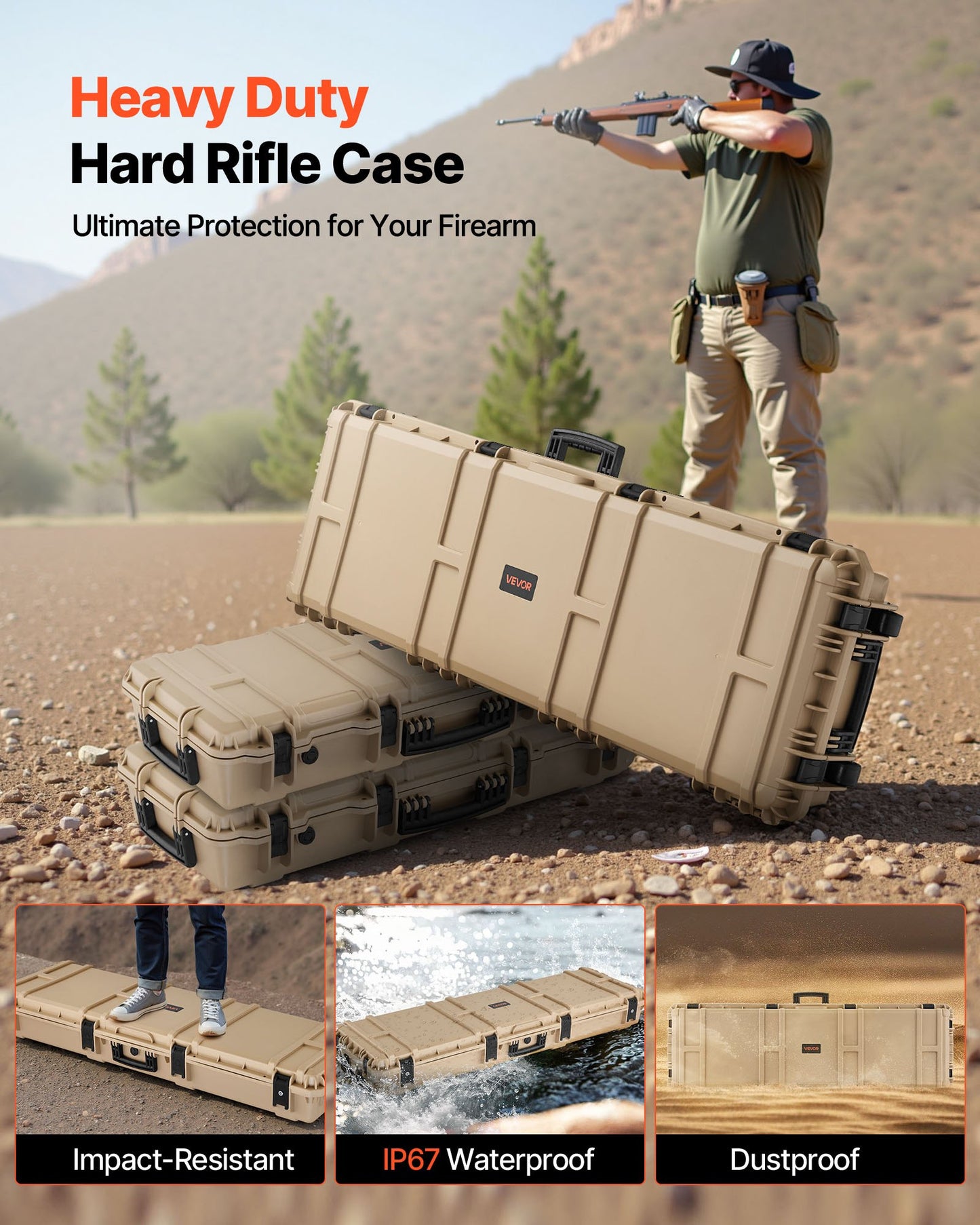 Hard Rifle Case, Lockable Rifle Case with Pre-cut Foams, 1320 mm Gun Storage with Wheels, Heavy Duty IP67 Waterproof & Dustproof Pistol Storage Cases for Rifles, Shotguns, Airsoft Guns, Khaki