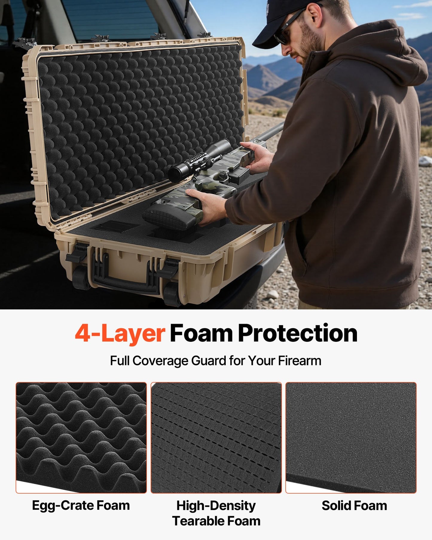 Hard Rifle Case, Lockable Rifle Case with Pre-cut Foams, 1320 mm Gun Storage with Wheels, Heavy Duty IP67 Waterproof & Dustproof Pistol Storage Cases for Rifles, Shotguns, Airsoft Guns, Khaki