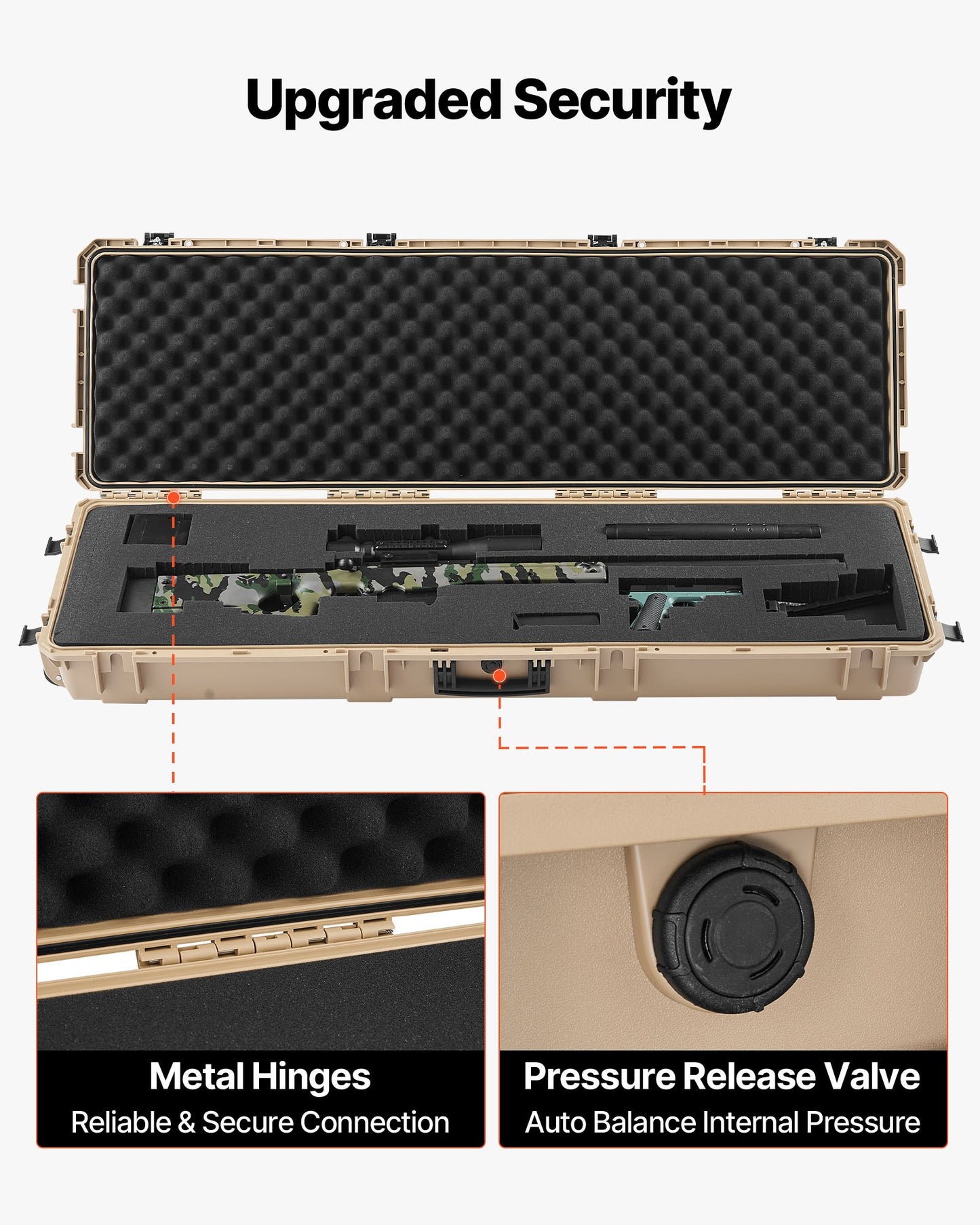 Hard Rifle Case, Lockable Rifle Case with Pre-cut Foams, 1320 mm Gun Storage with Wheels, Heavy Duty IP67 Waterproof & Dustproof Pistol Storage Cases for Rifles, Shotguns, Airsoft Guns, Khaki