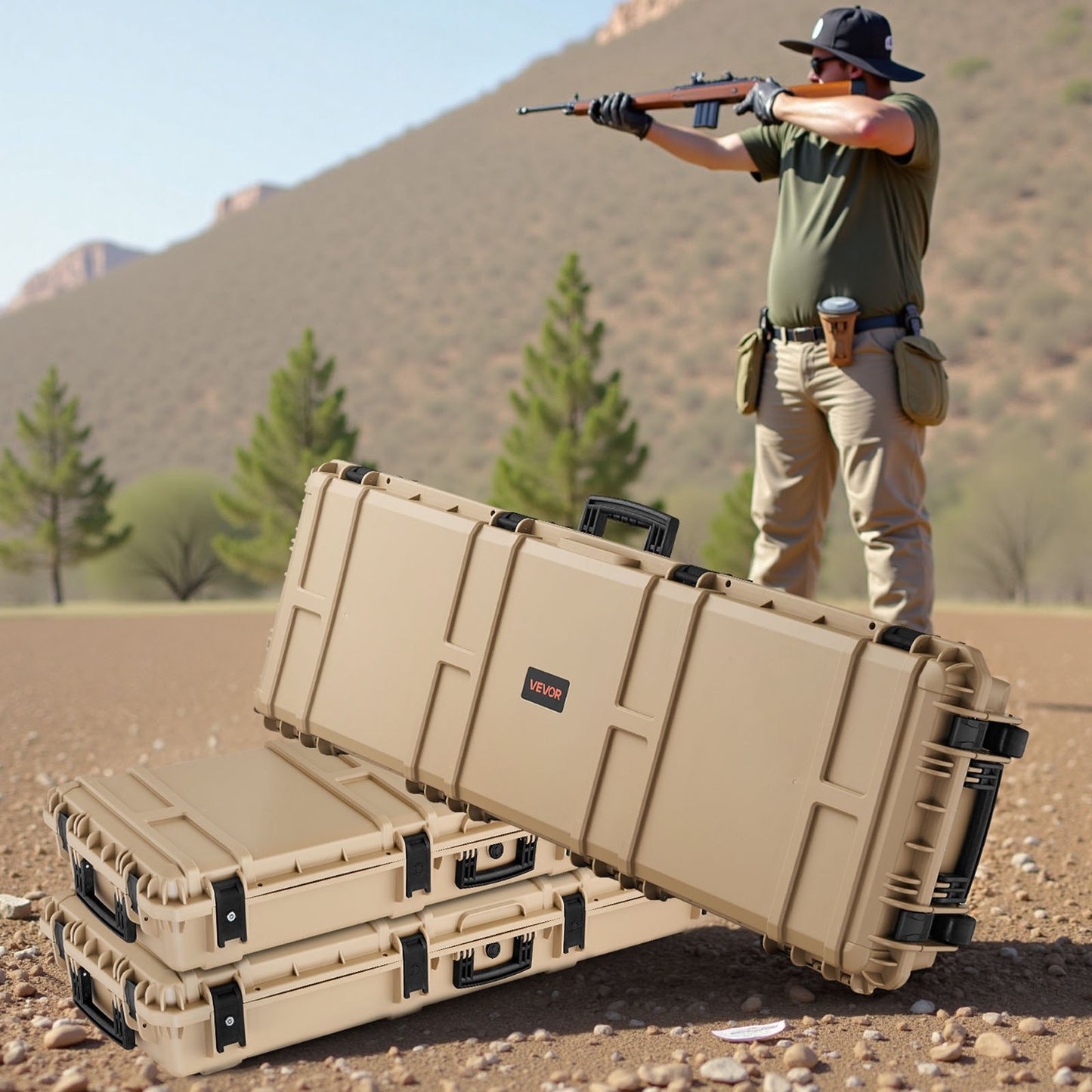 Hard Rifle Case, Lockable Rifle Case with Pre-cut Foams, 1320 mm Gun Storage with Wheels, Heavy Duty IP67 Waterproof & Dustproof Pistol Storage Cases for Rifles, Shotguns, Airsoft Guns, Khaki