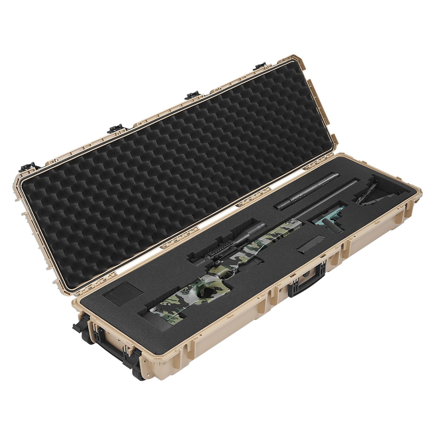 Hard Rifle Case, Lockable Rifle Case with Pre-cut Foams, 1320 mm Gun Storage with Wheels, Heavy Duty IP67 Waterproof & Dustproof Pistol Storage Cases for Rifles, Shotguns, Airsoft Guns, Khaki