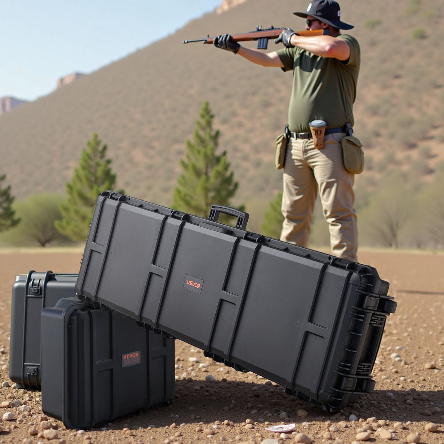 Hard Rifle Case, Lockable Rifle Case with Pre-cut Foams, 1320 mm Gun Storage with Wheels, Heavy Duty IP67 Waterproof & Dustproof Pistol Storage Cases for Rifles, Shotguns, Airsoft Guns, Black