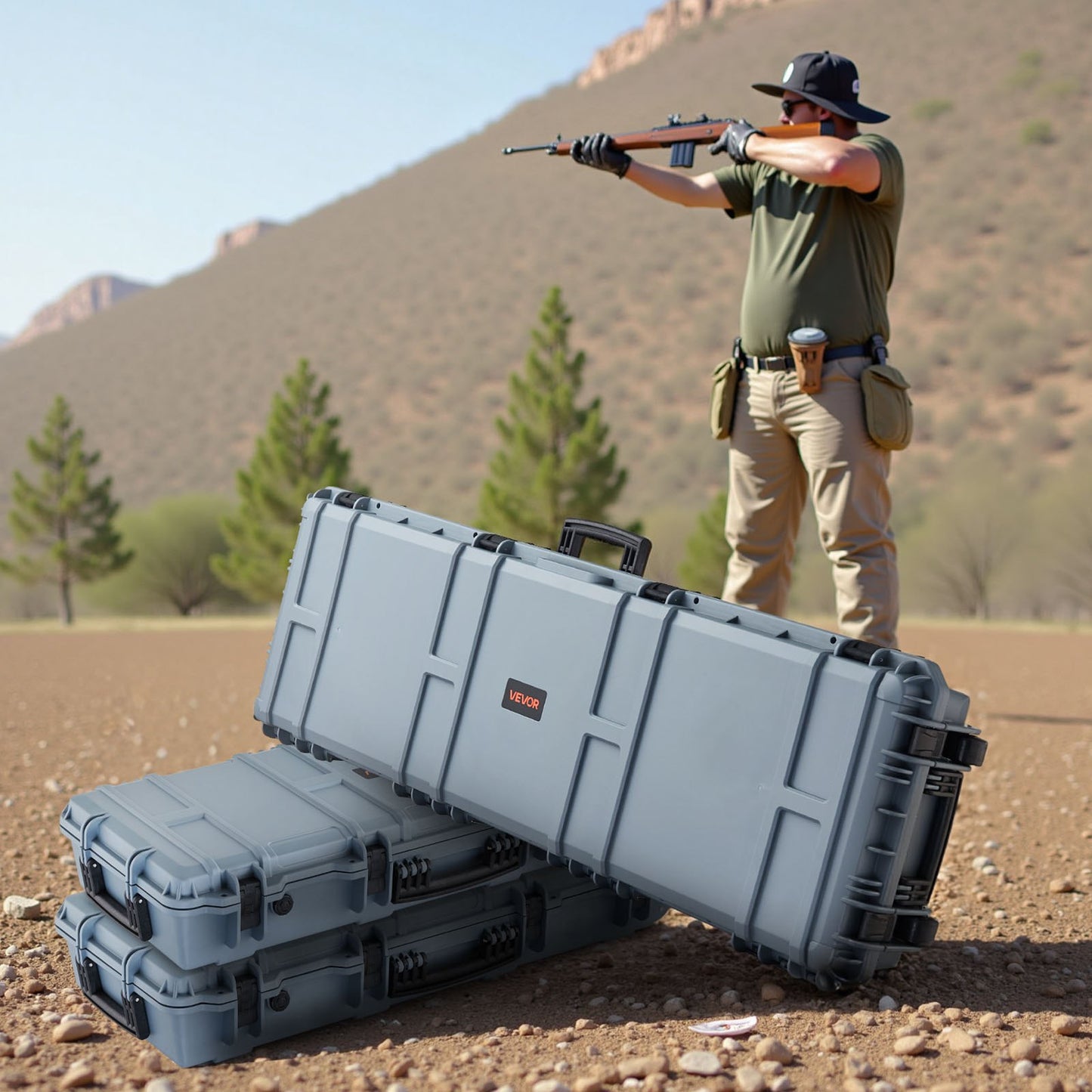 Hard Rifle Case, Lockable Rifle Case with Pre-cut Foams, 1320 mm Gun Storage with Wheels, Heavy Duty IP67 Waterproof & Dustproof Pistol Storage Cases for Rifles, Shotguns, Airsoft Guns, Grey