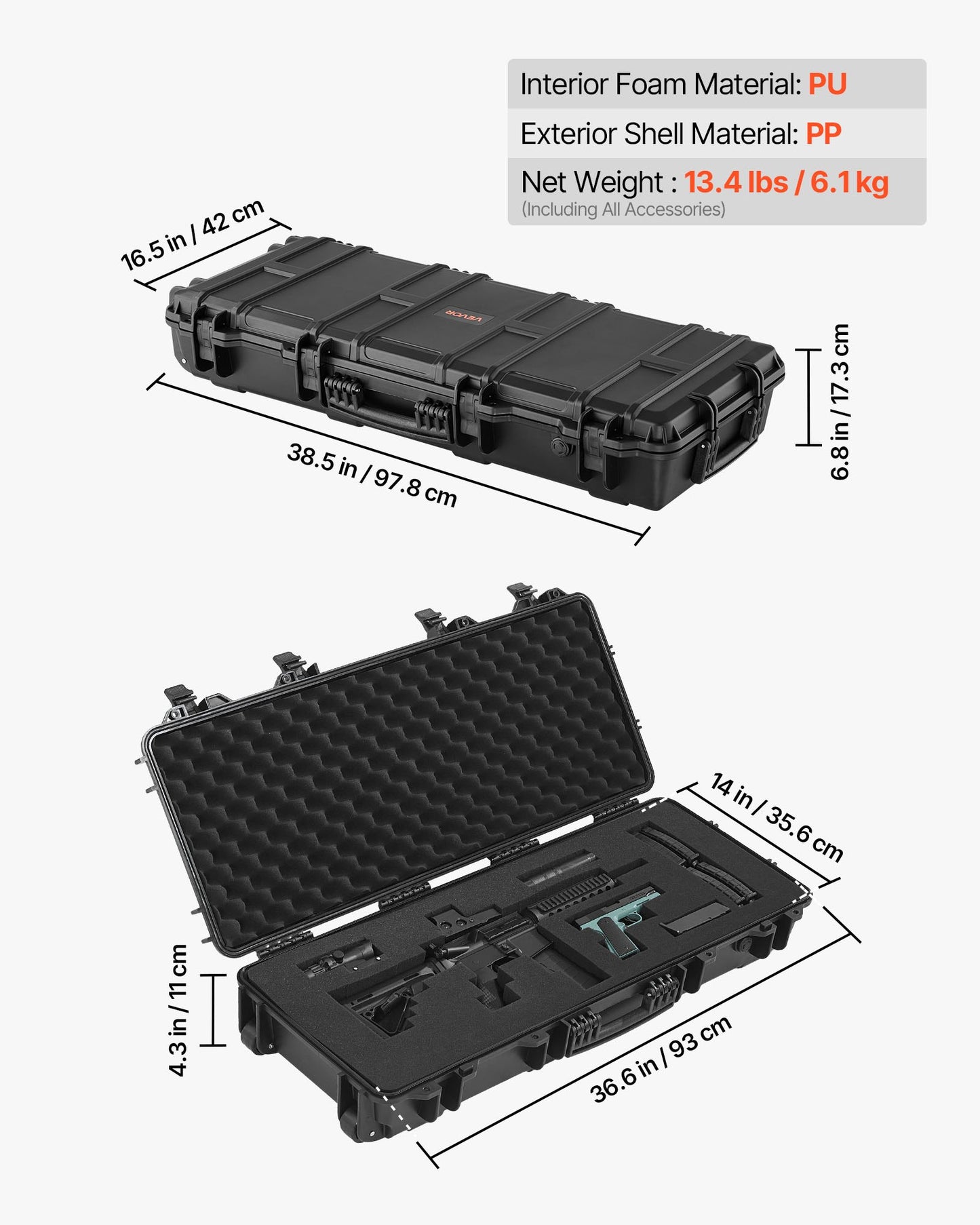 Hard Rifle Case, Lockable Rifle Case with 4 Layers Pre-cut Foams, 914 mm Gun Storage with Wheels, IP67 Waterproof & Dustproof Pistol Storage Cases for Rifles, Shotguns, Airsoft Guns, Black