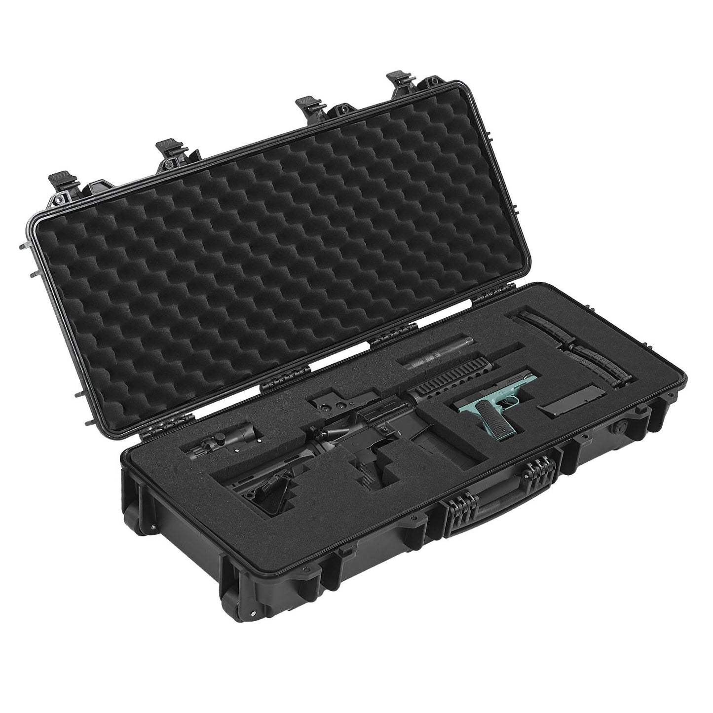 Hard Rifle Case, Lockable Rifle Case with 4 Layers Pre-cut Foams, 914 mm Gun Storage with Wheels, IP67 Waterproof & Dustproof Pistol Storage Cases for Rifles, Shotguns, Airsoft Guns, Black
