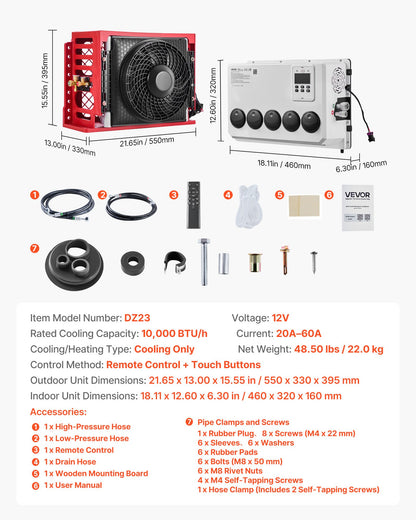 Truck Air Conditioner, 12V 10000 BTU Mini Split AC Unit, 400 m³/h Airflow Cab Air Conditioner, Quiet A/C Unit Fast Cooling for Semi Truck, Camper, Construction Vehicle, Crane, Tractor, Excavator