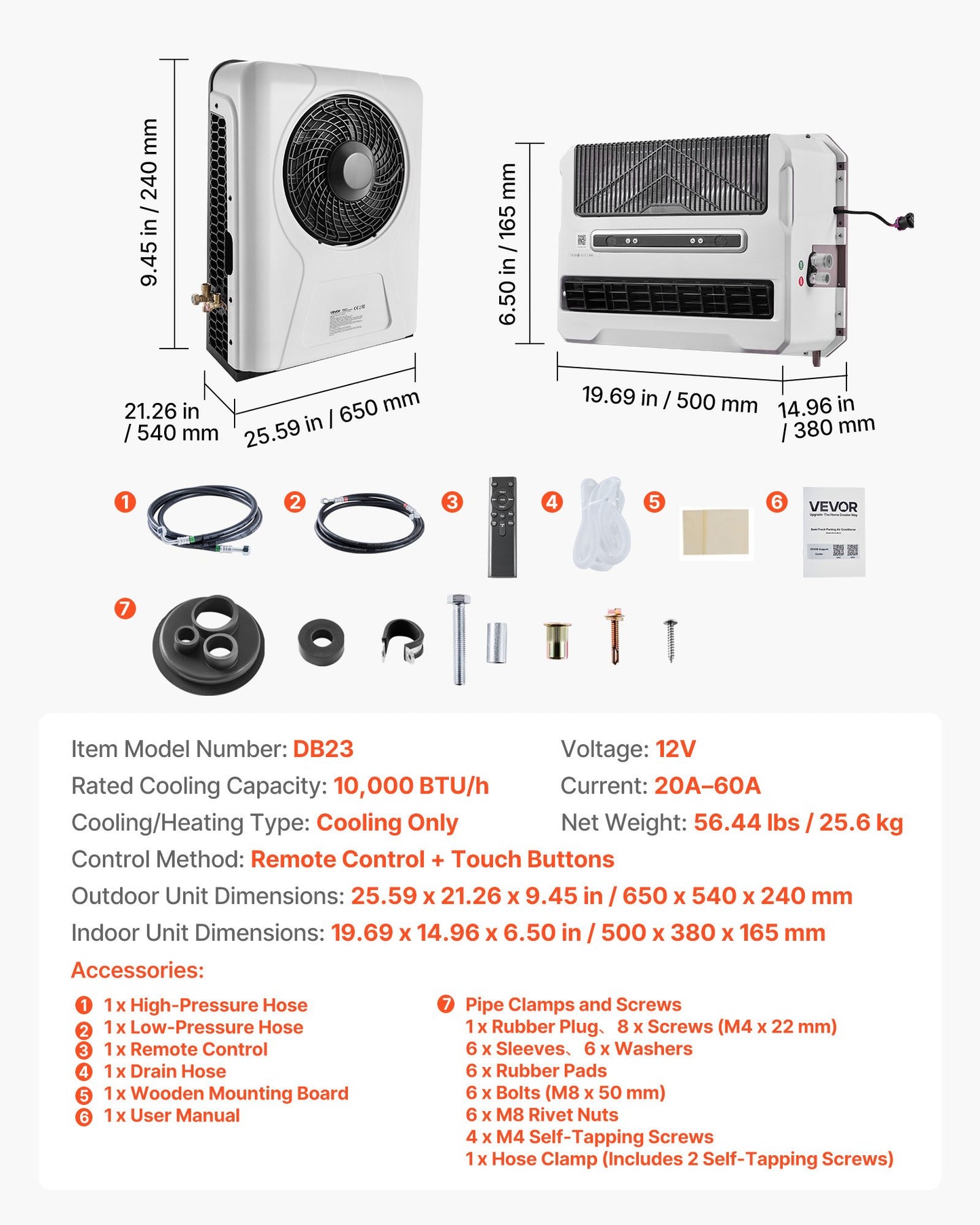 Truck Air Conditioner, 12V 10000 BTU Mini Split AC Unit, 400 m³/h Airflow Cab Air Conditioner, Fast Cooling Low Noise for Semi Truck, Camper, Construction Vehicle, Crane, Tractor, Excavator