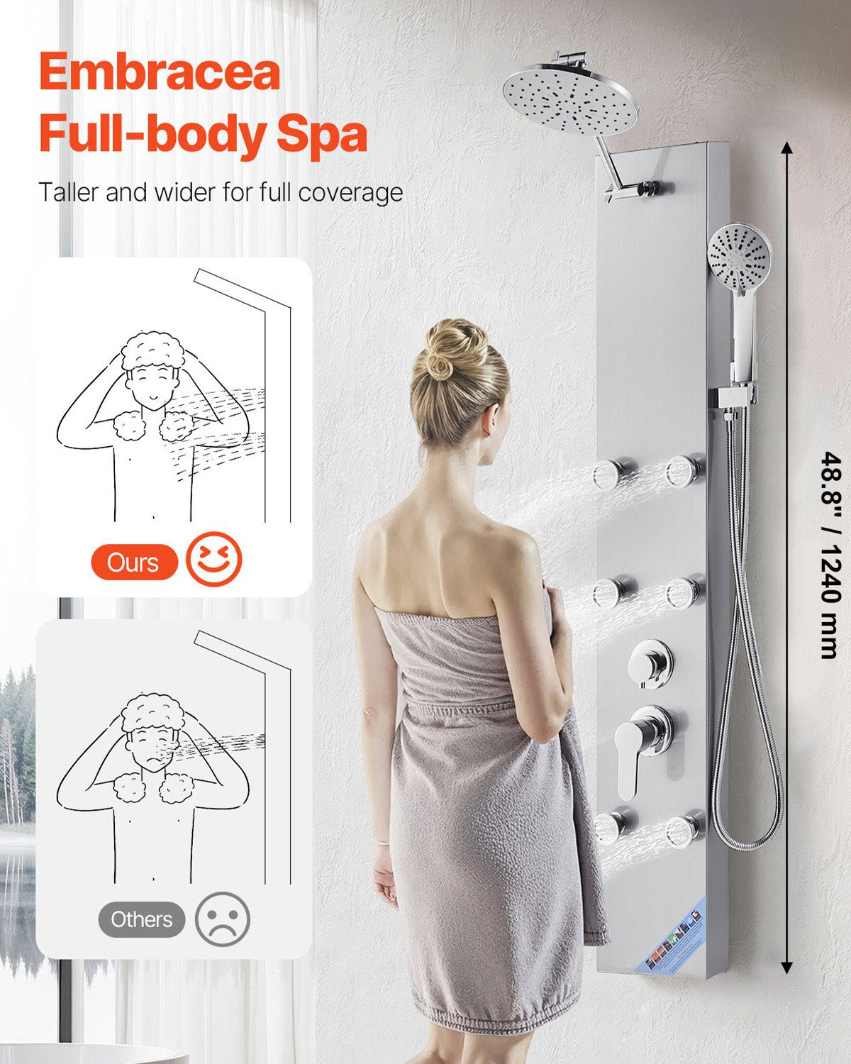 Shower Panel Tower System with Rainfall Shower Head, 49 in Brushed Stainless Steel Shower Column, 3-Function Faucet, High Pressure Wall-Mount Rain Massage System with 6 Body Jets and Handheld