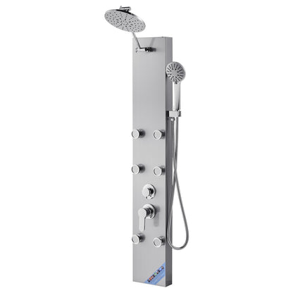 Shower Panel Tower System with Rainfall Shower Head, 49 in Brushed Stainless Steel Shower Column, 3-Function Faucet, High Pressure Wall-Mount Rain Massage System with 6 Body Jets and Handheld