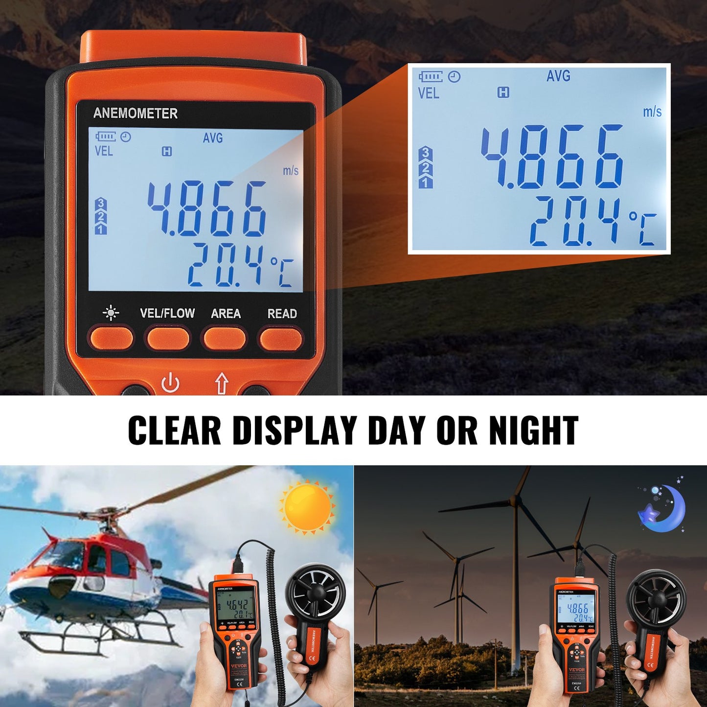 VEVOR Split Handheld Anemometer, -10℃ to 60℃, Digital Wind Speed CFM Meter Gauge