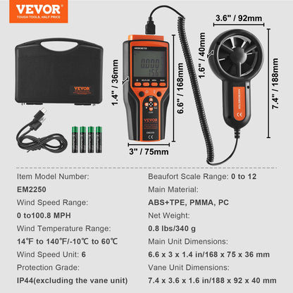 VEVOR Split Handheld Anemometer, -10℃ to 60℃, Digital Wind Speed CFM Meter Gauge