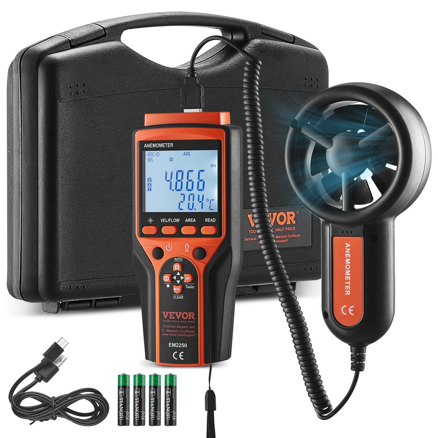 VEVOR Split Handheld Anemometer, -10℃ to 60℃, Digital Wind Speed CFM Meter Gauge