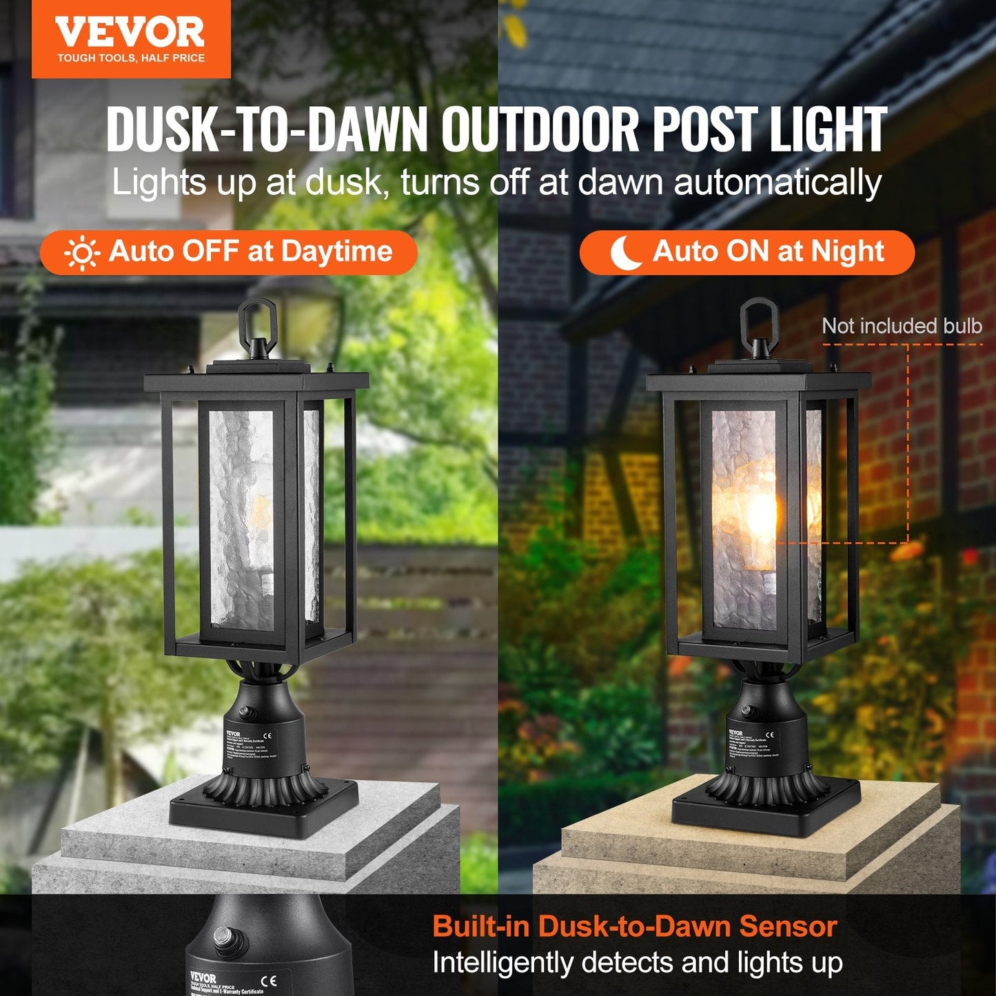 Pair of Outdoor Dusk-to-Dawn Lamp Post Lights with 0.45m Pole Mount, Waterproof