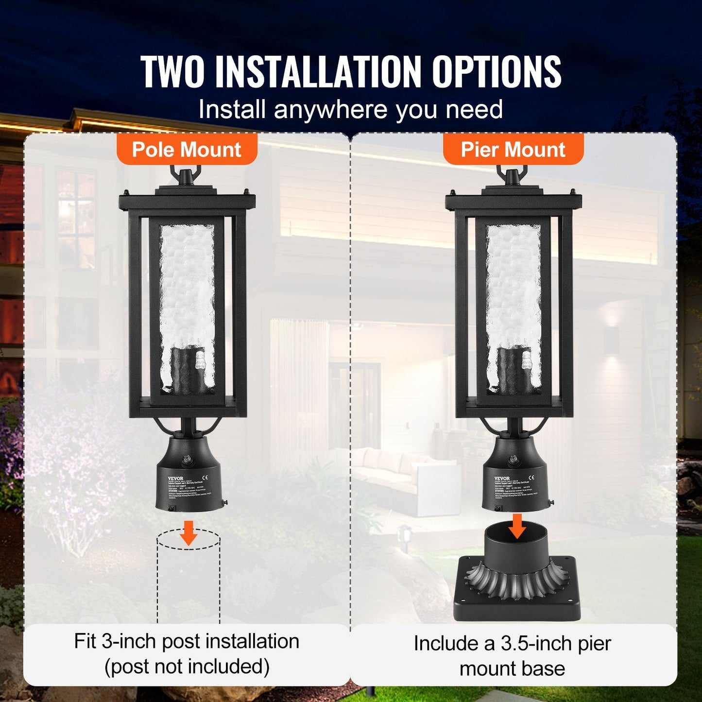 Pair of Outdoor Dusk-to-Dawn Lamp Post Lights with 0.45m Pole Mount, Waterproof
