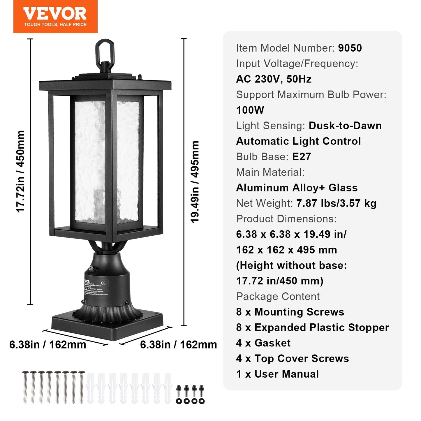 Pair of Outdoor Dusk-to-Dawn Lamp Post Lights with 0.45m Pole Mount, Waterproof