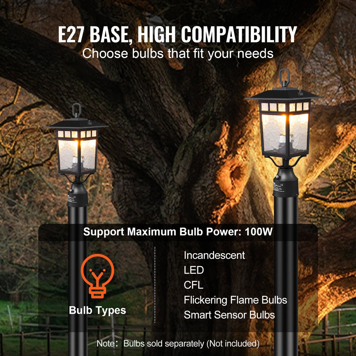 Outdoor Dusk-to-Dawn Lamp Post Light Fixture, 0.4m Pole, Smart Sensor, 2-Pack