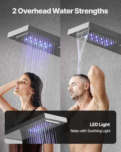 Shower Panel Tower System with Rainfall Waterfall Shower Head, LED, 53 in Brushed Stainless Steel Shower Column, 5-Function Faucet, Wall-Mount Rain Massage System, with Handheld, Tub Spout