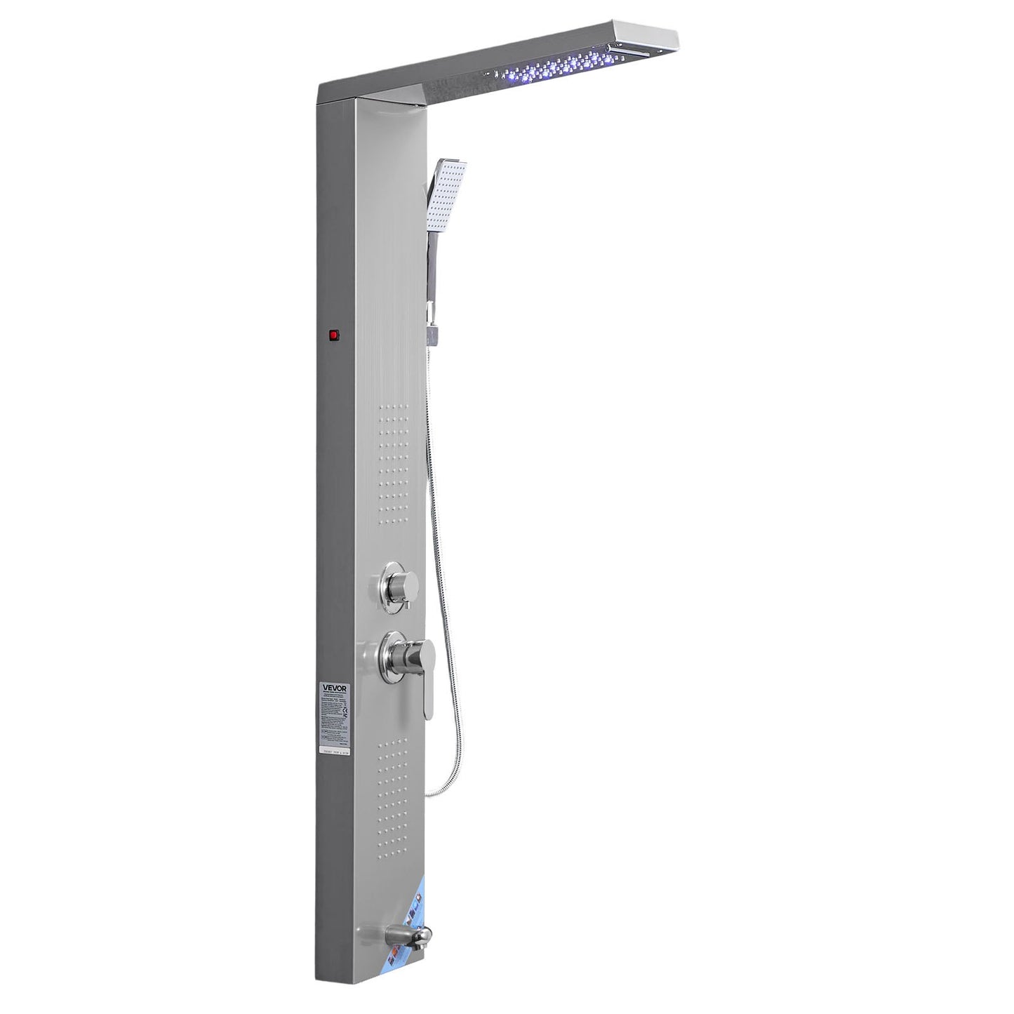 Shower Panel Tower System with Rainfall Waterfall Shower Head, LED, 53 in Brushed Stainless Steel Shower Column, 5-Function Faucet, Wall-Mount Rain Massage System, with Handheld, Tub Spout