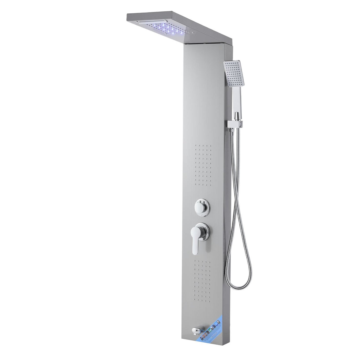 Shower Panel Tower System with Rainfall Waterfall Shower Head, LED, 53 in Brushed Stainless Steel Shower Column, 5-Function Faucet, Wall-Mount Rain Massage System, with Handheld, Tub Spout