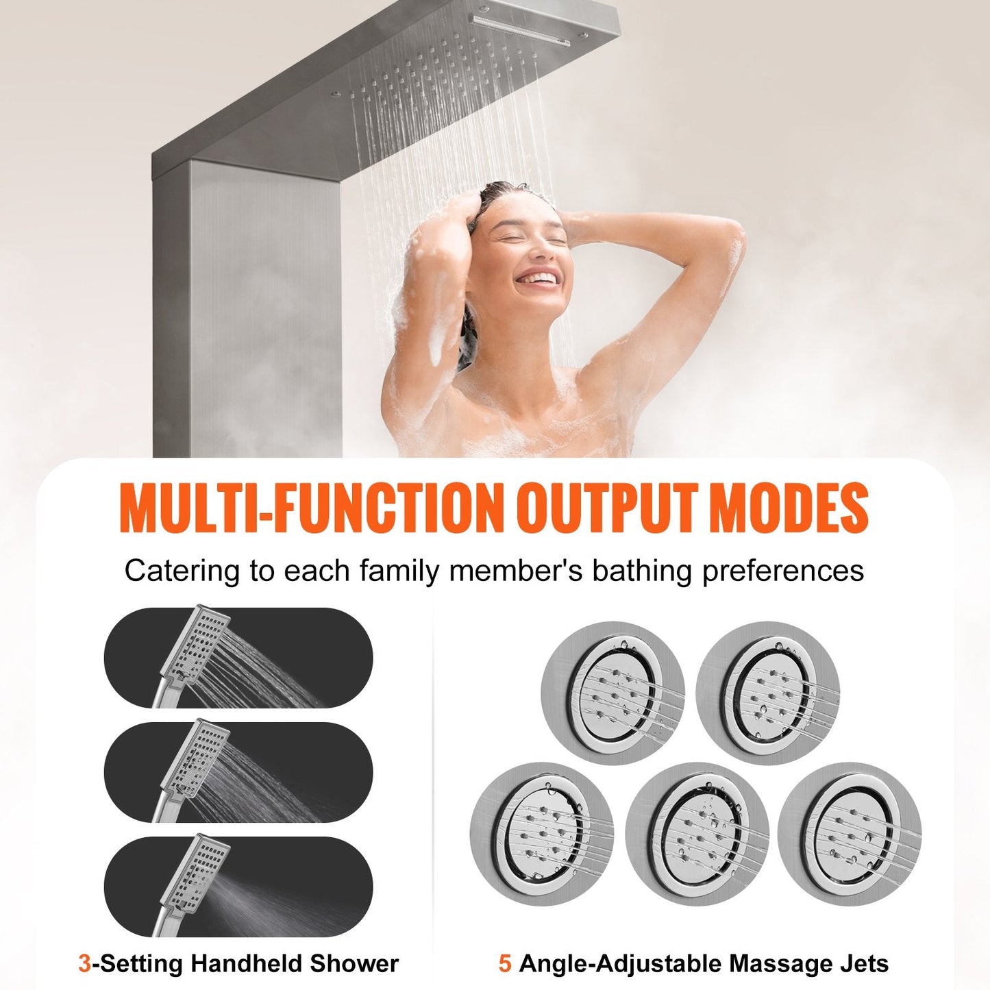 Stainless Steel Shower Panel with 4 Modes and 5 Massage Jets, Wall-Mounted