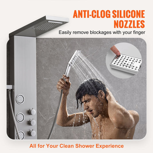 Stainless Steel Shower Panel with 4 Modes and 5 Massage Jets, Wall-Mounted