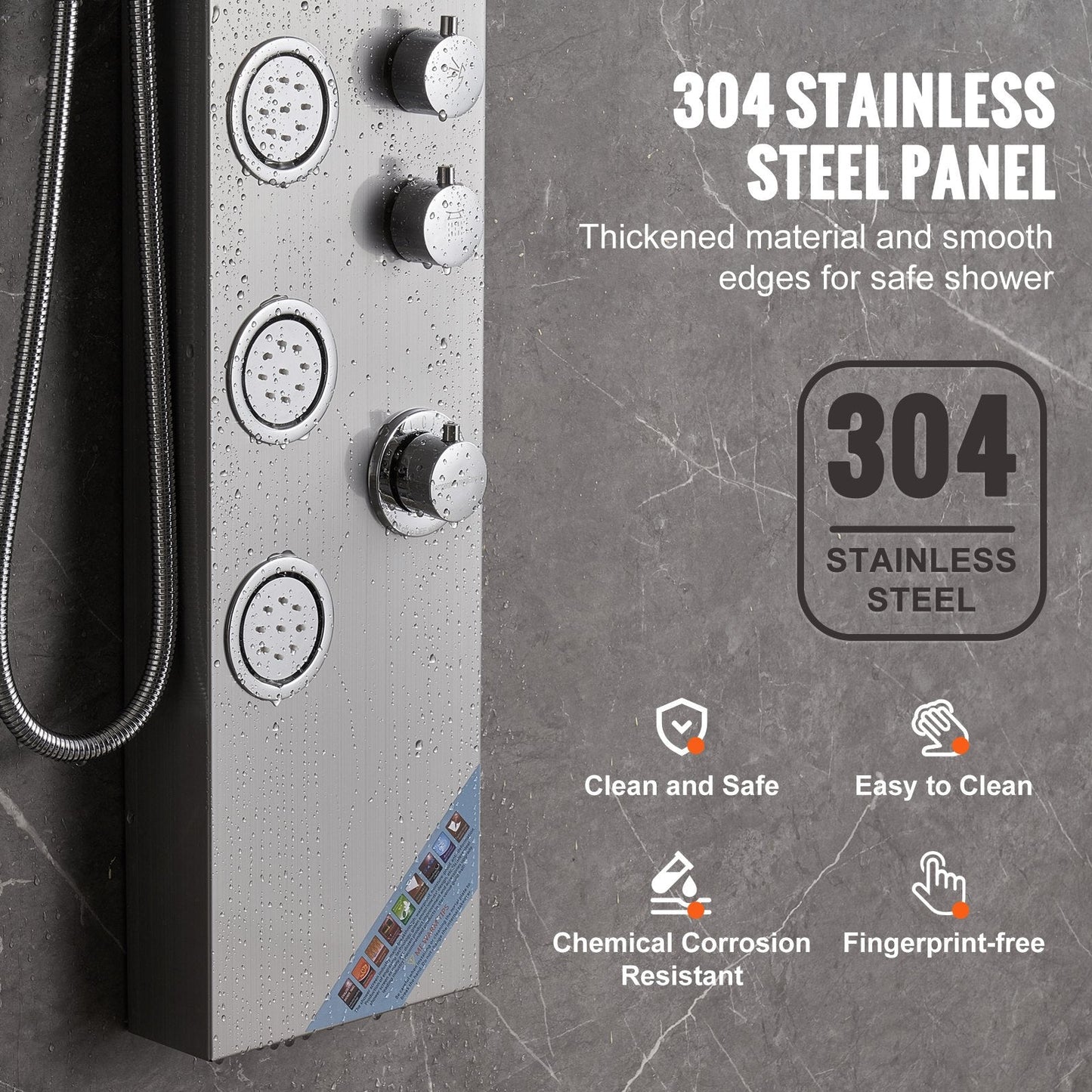Stainless Steel Shower Panel with 4 Modes and 5 Massage Jets, Wall-Mounted