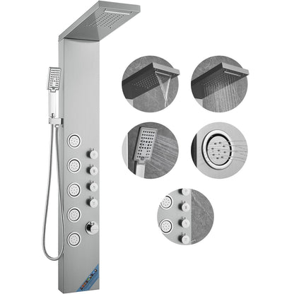 Stainless Steel Shower Panel with 4 Modes and 5 Massage Jets, Wall-Mounted
