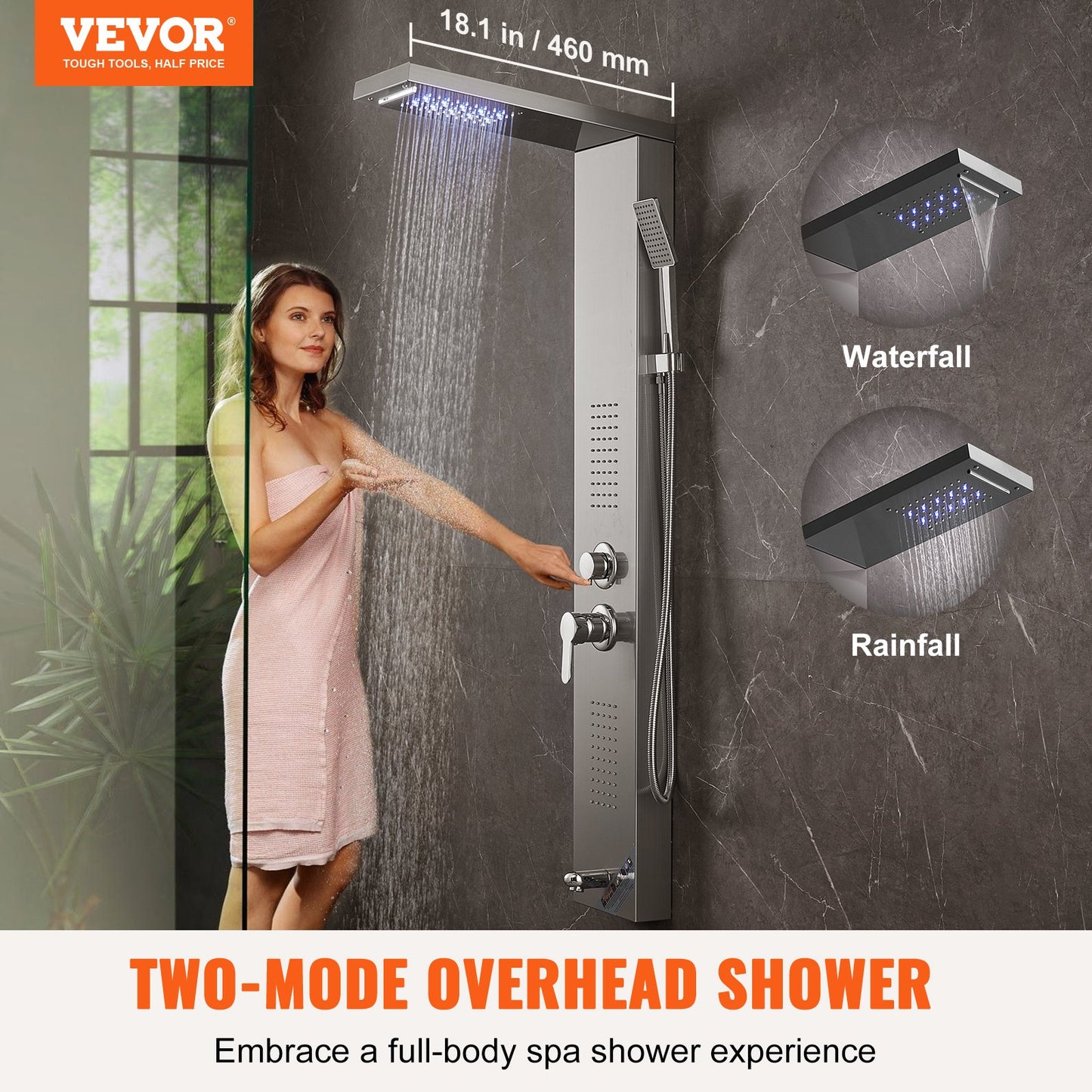 VEVOR Shower Panel System, 5 Shower Modes, LED Shower Panel Tower, Rainfall, Waterfall,