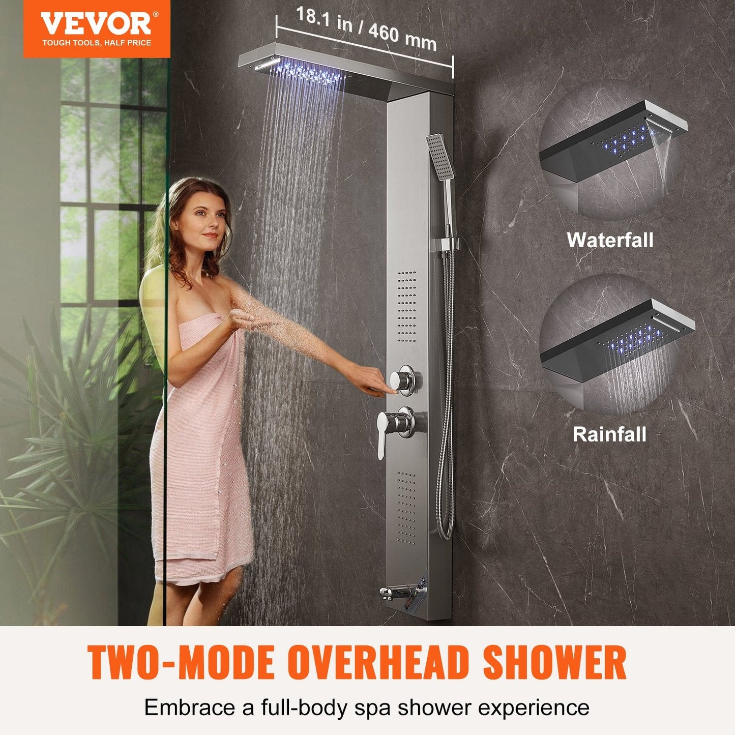 LED Shower Panel Tower with 5 Modes, Massage Jets, Handheld & Tub Spout