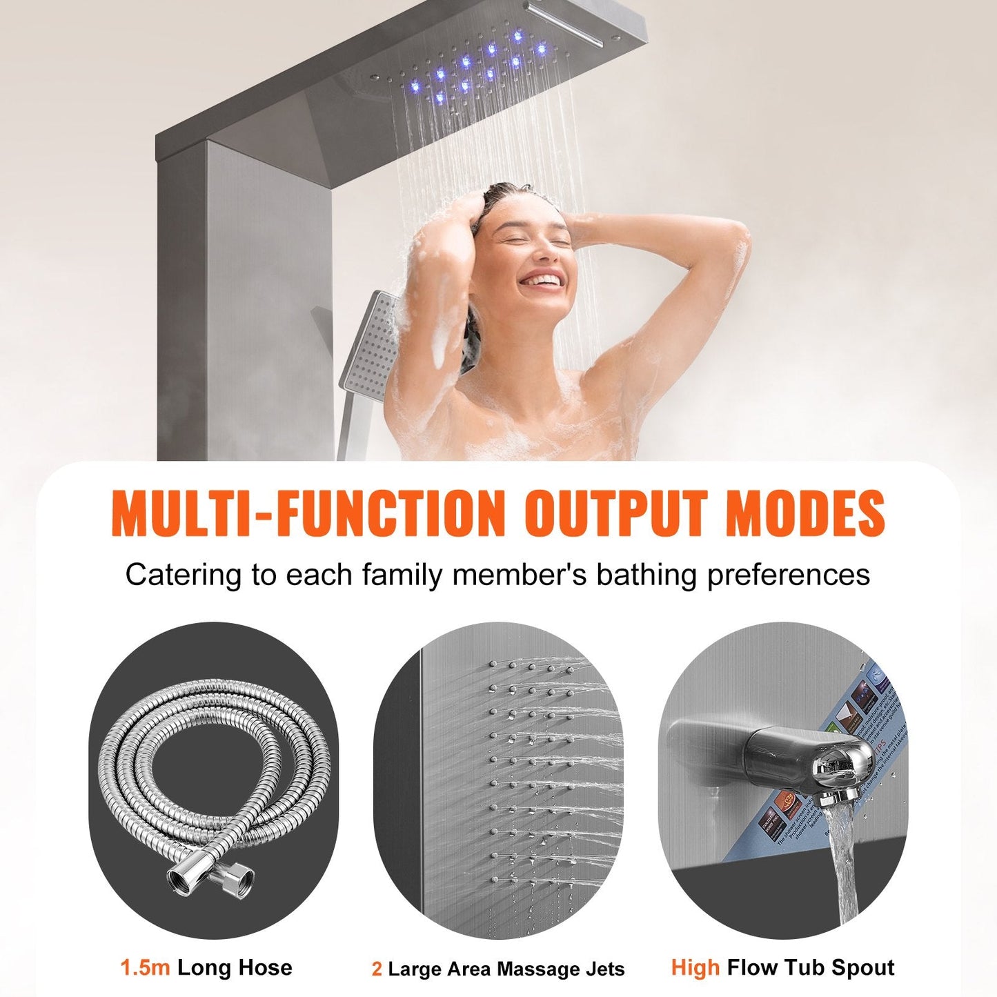 LED Shower Panel Tower with 5 Modes, Massage Jets, Handheld & Tub Spout