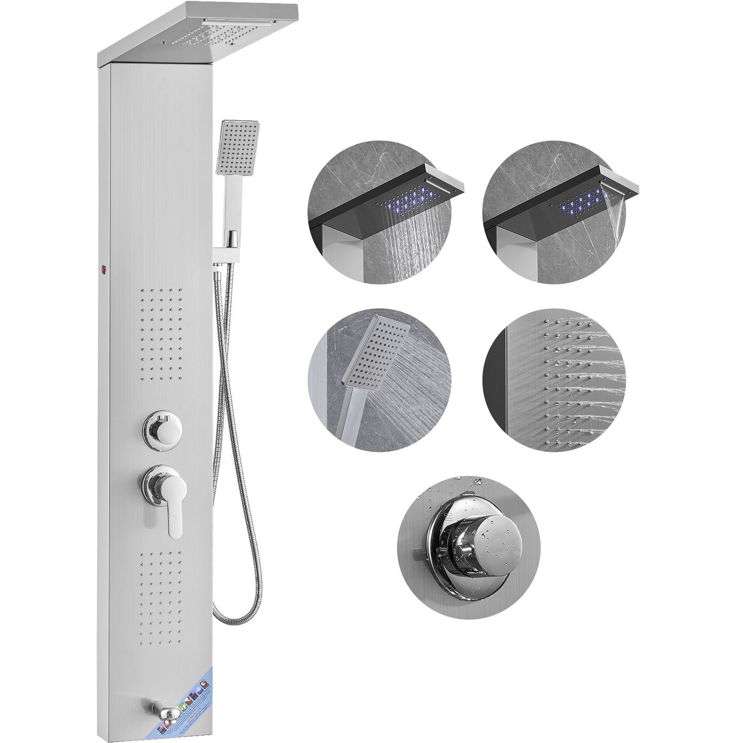 VEVOR Shower Panel System, 5 Shower Modes, LED Shower Panel Tower, Rainfall, Waterfall,