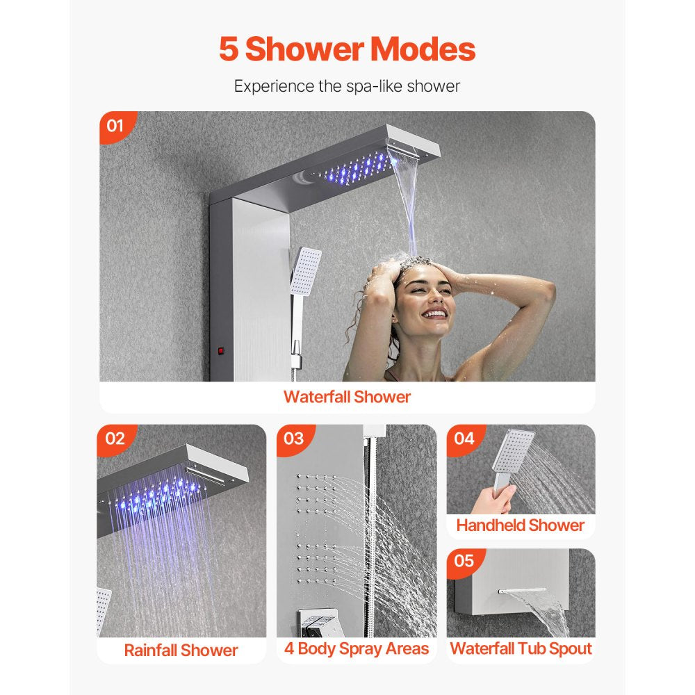 VEVOR Shower Panel Tower System Stainless Steel Column Rainfall Head 5 Modes