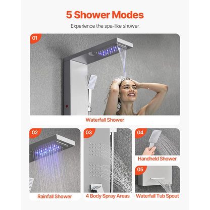 VEVOR Shower Panel Tower System Stainless Steel Column Rainfall Head 5 Modes