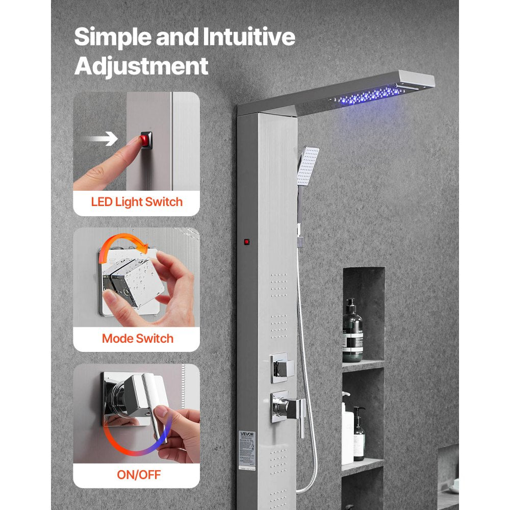 VEVOR Shower Panel Tower System Stainless Steel Column Rainfall Head 5 Modes