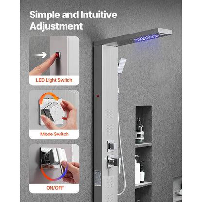 VEVOR Shower Panel Tower System Stainless Steel Column Rainfall Head 5 Modes