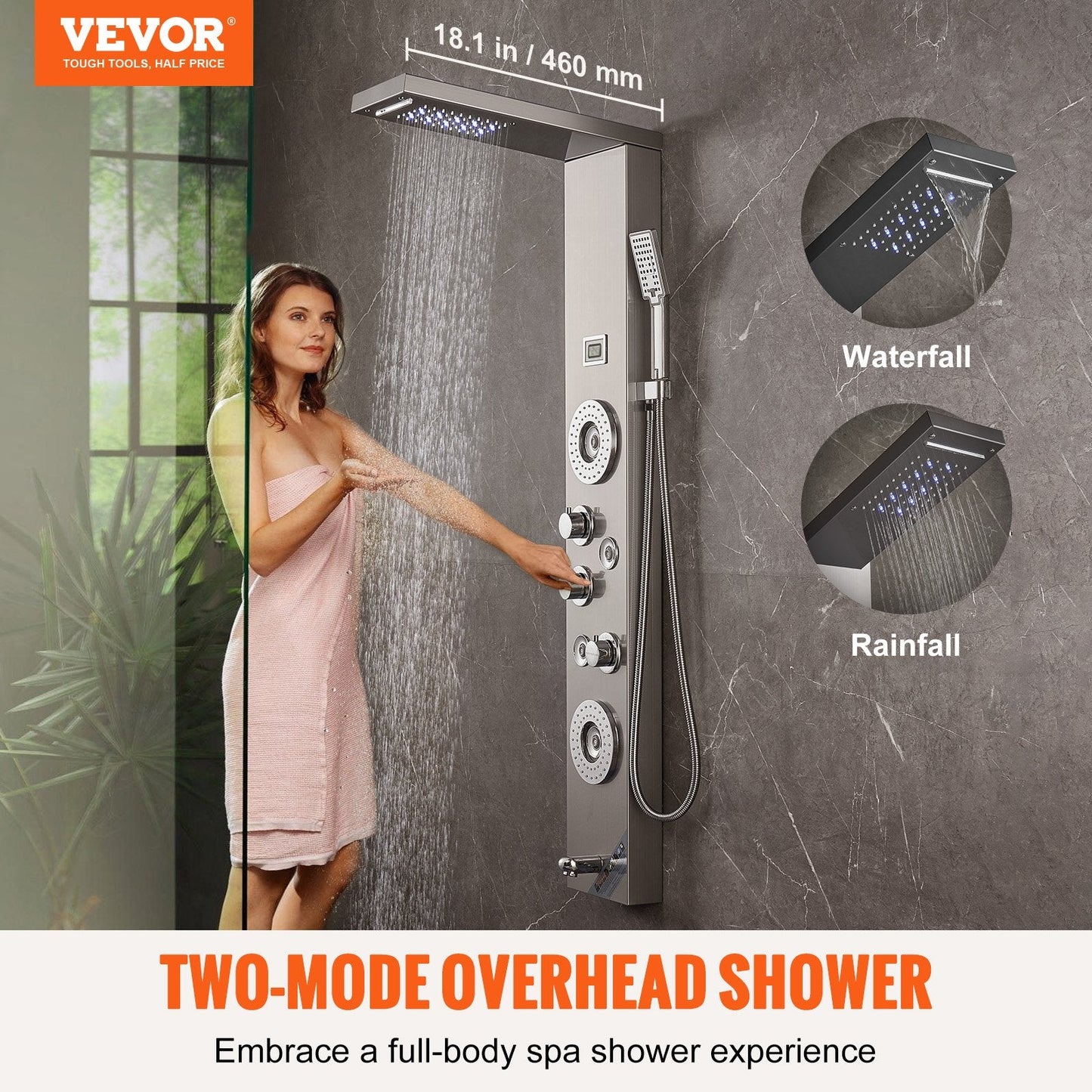 Stainless Steel Shower Panel with LED, 6 Modes, Massage Jets & Handheld Head
