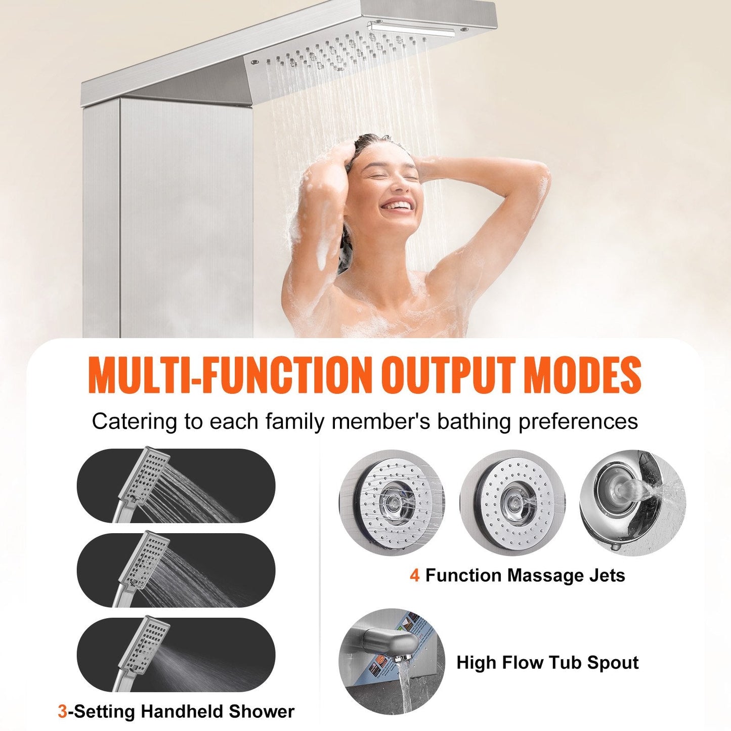 Stainless Steel Shower Panel with LED, 6 Modes, Massage Jets & Handheld Head
