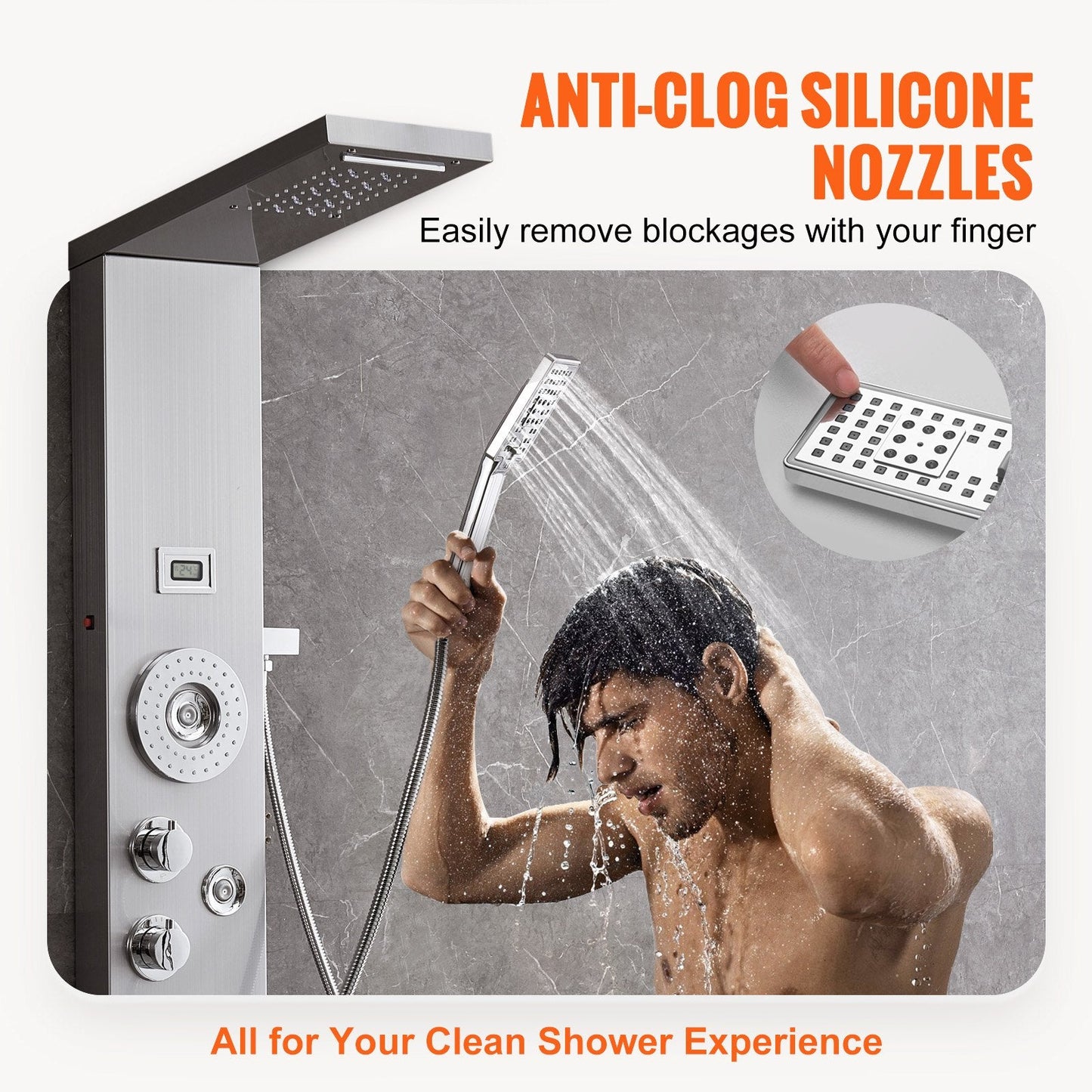 Stainless Steel Shower Panel with LED, 6 Modes, Massage Jets & Handheld Head