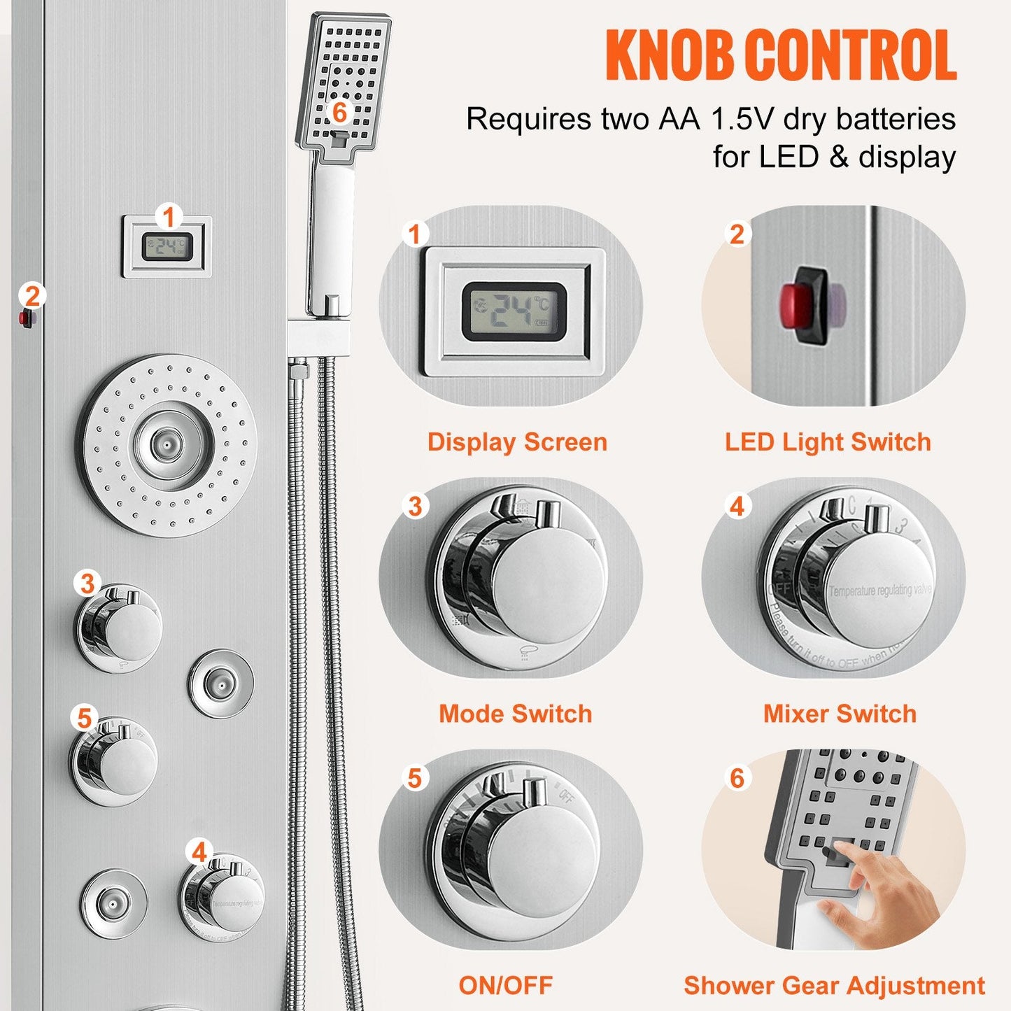 Stainless Steel Shower Panel with LED, 6 Modes, Massage Jets & Handheld Head