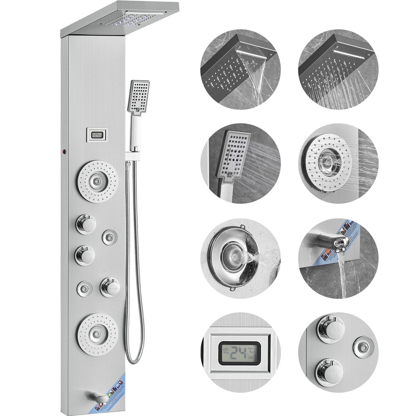 Stainless Steel Shower Panel with LED, 6 Modes, Massage Jets & Handheld Head