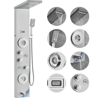 Stainless Steel Shower Panel with LED, 6 Modes, Massage Jets & Handheld Head